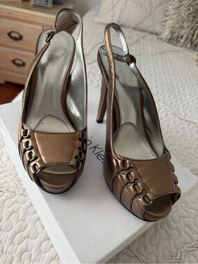 Calvin Klein Metallic Bronze Peep-Toe Slingback Heels
